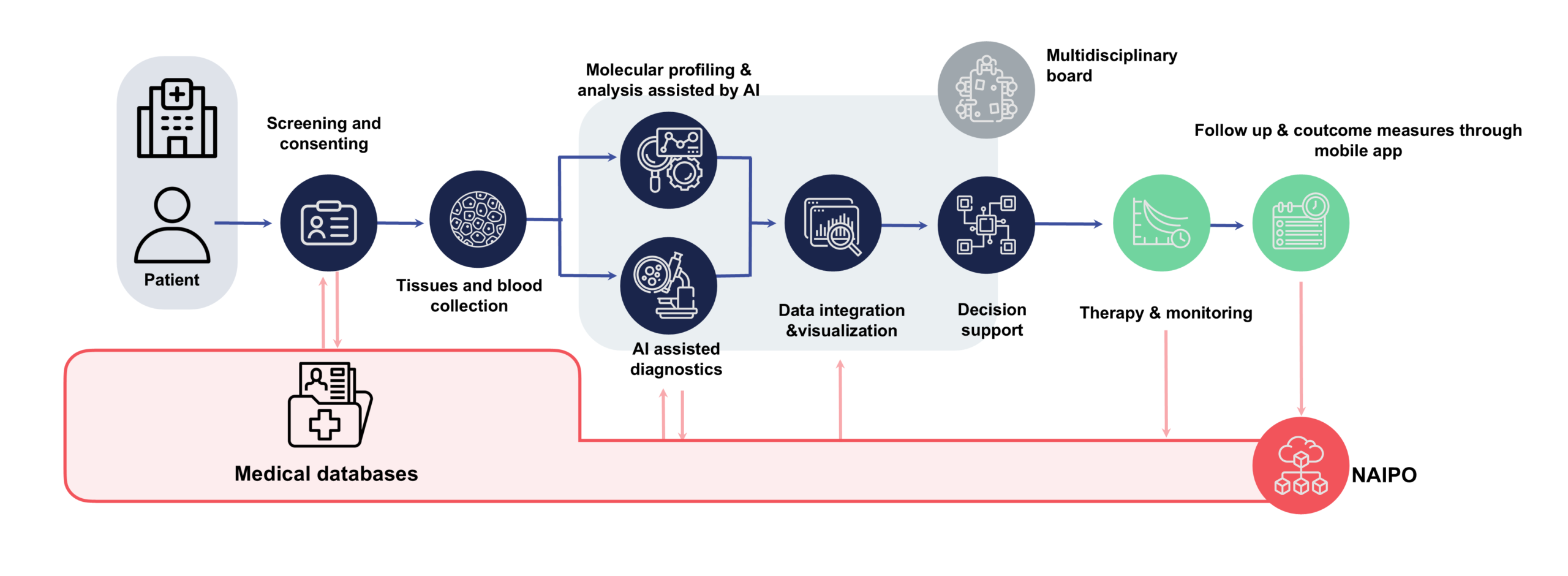 NAIPO project outline from screening and consenting through AI-supported diagnosis, decision support, therapy and monitoring